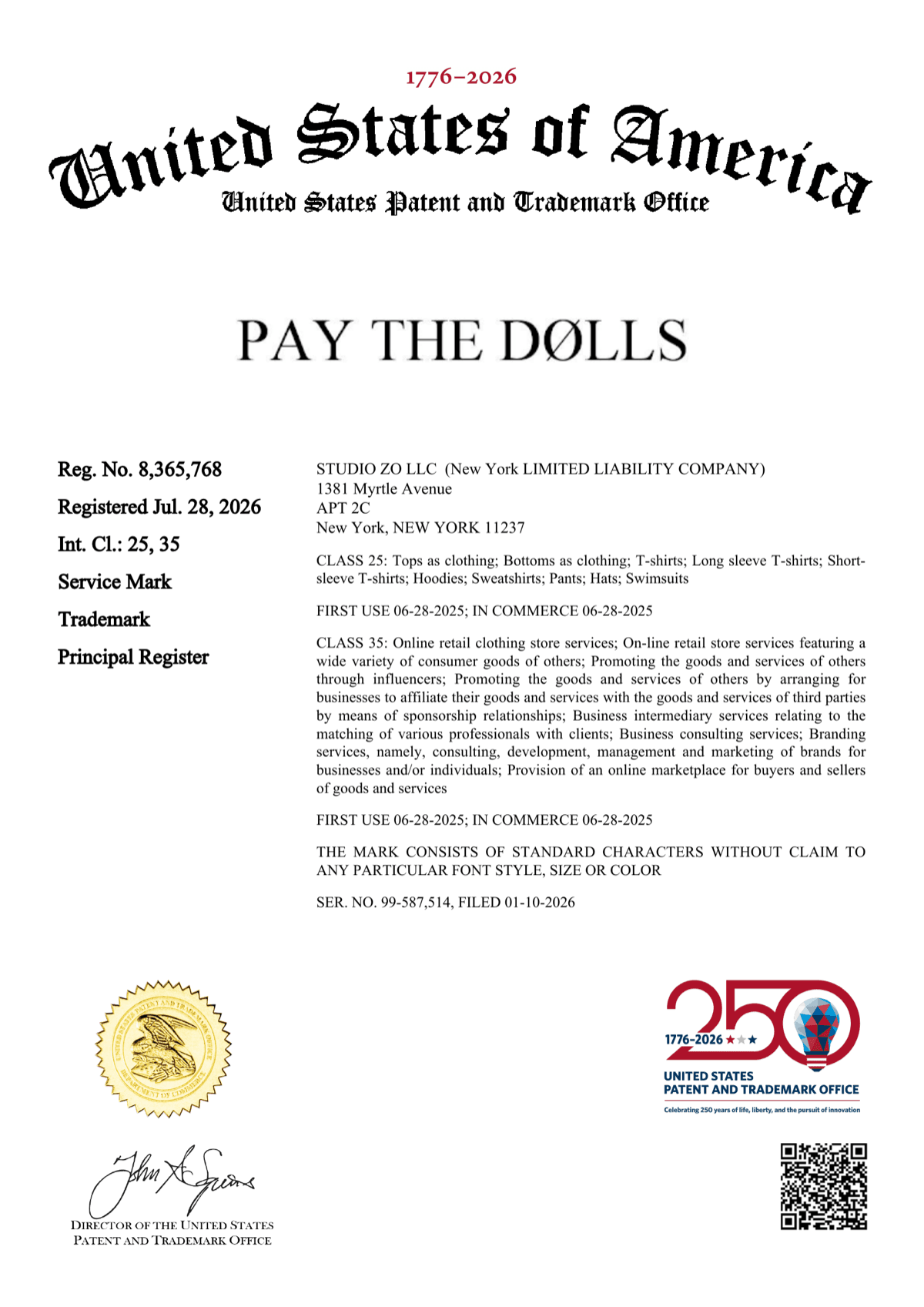 USPTO certificate of registration for PAY THE DØLLS, Reg. No. 8,365,768